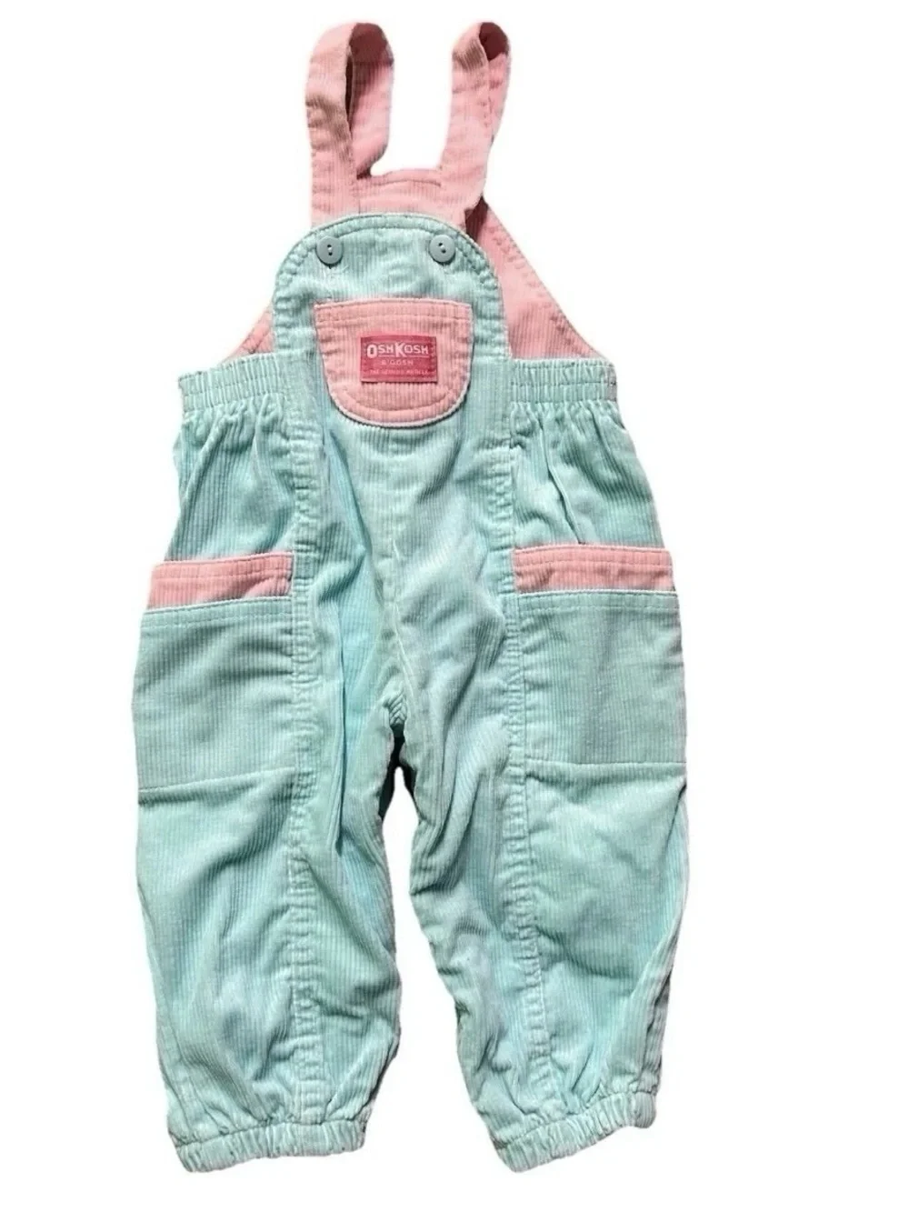 Vintage Oshkosh Toddler Girl Pink Blue Corduroy Overalls Size 24 Months VGUC